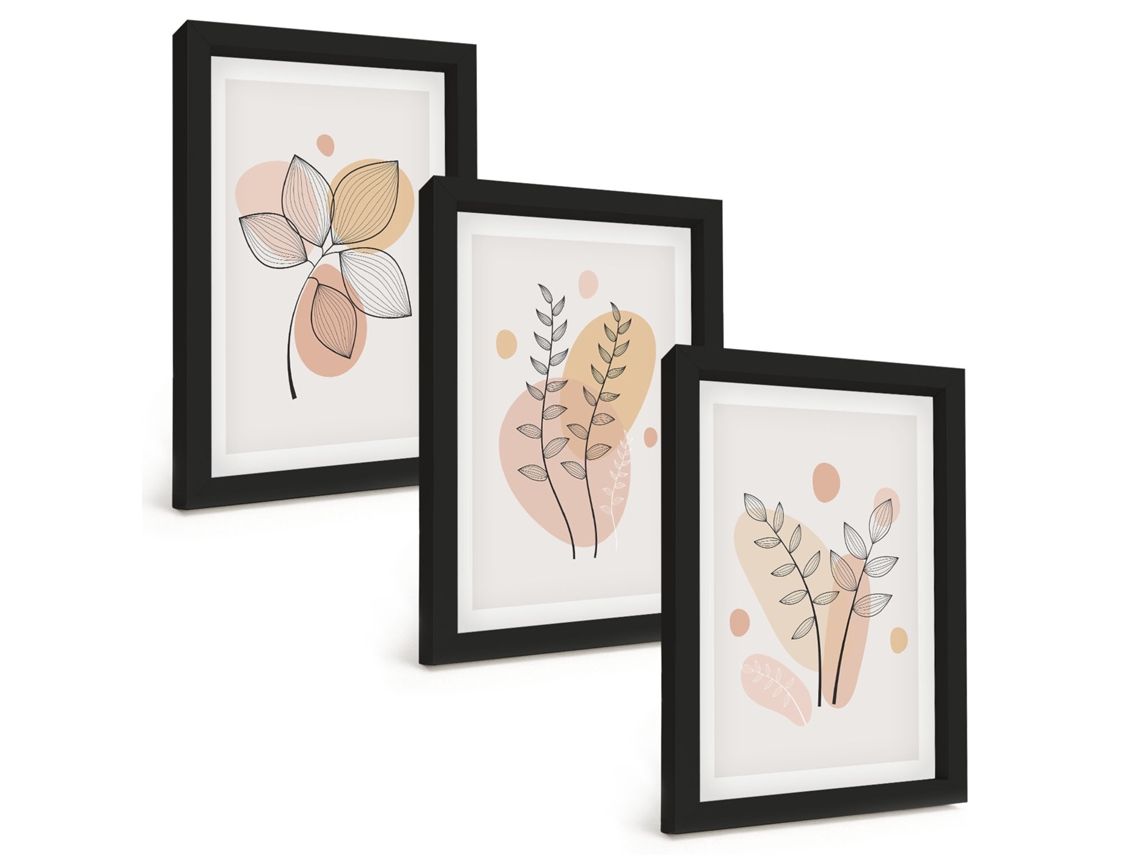Composição De Quadros Na Parededesenhos De Plantas Em Pastel Moldura Preta Quadros Para A Sala De Estar Espelharte (3 Peças 20x30 Cm)