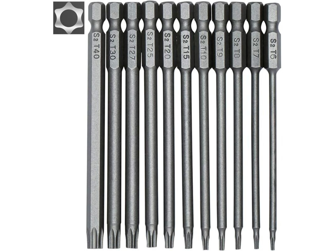 Jogo De 11 Pontas Torx Longas Para Chaves Fenda E Furadeiras Elétricas - Magnéticas Encaixe Hexagonal 1/4'' Tamanhos T6 A T40 100 -aquaforge