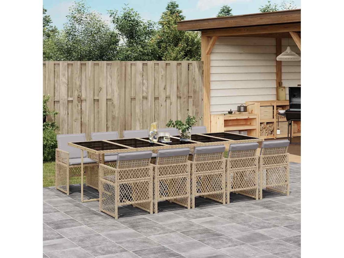 Vidaxl 11 Pcs Conjunto De Jantar P/ Jardim Com Almofadões Vime Pe Bege
