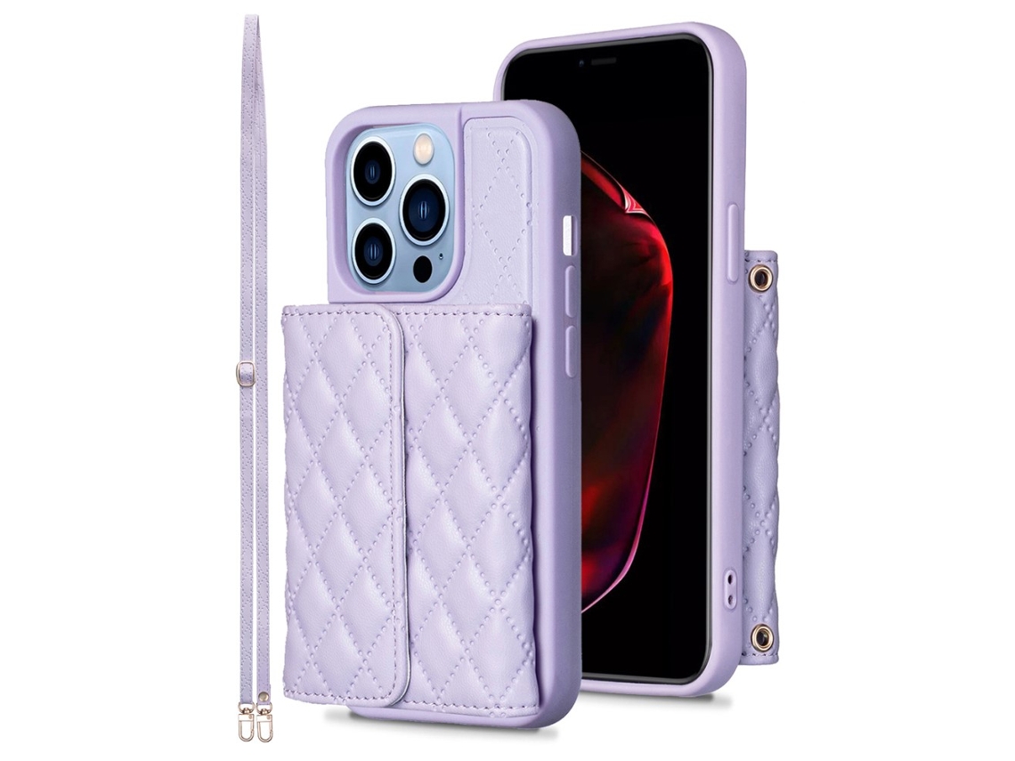 Suporte Casa Para Iphone 15 Pro Max Pele Sintética Com Porta-cartões Roxo