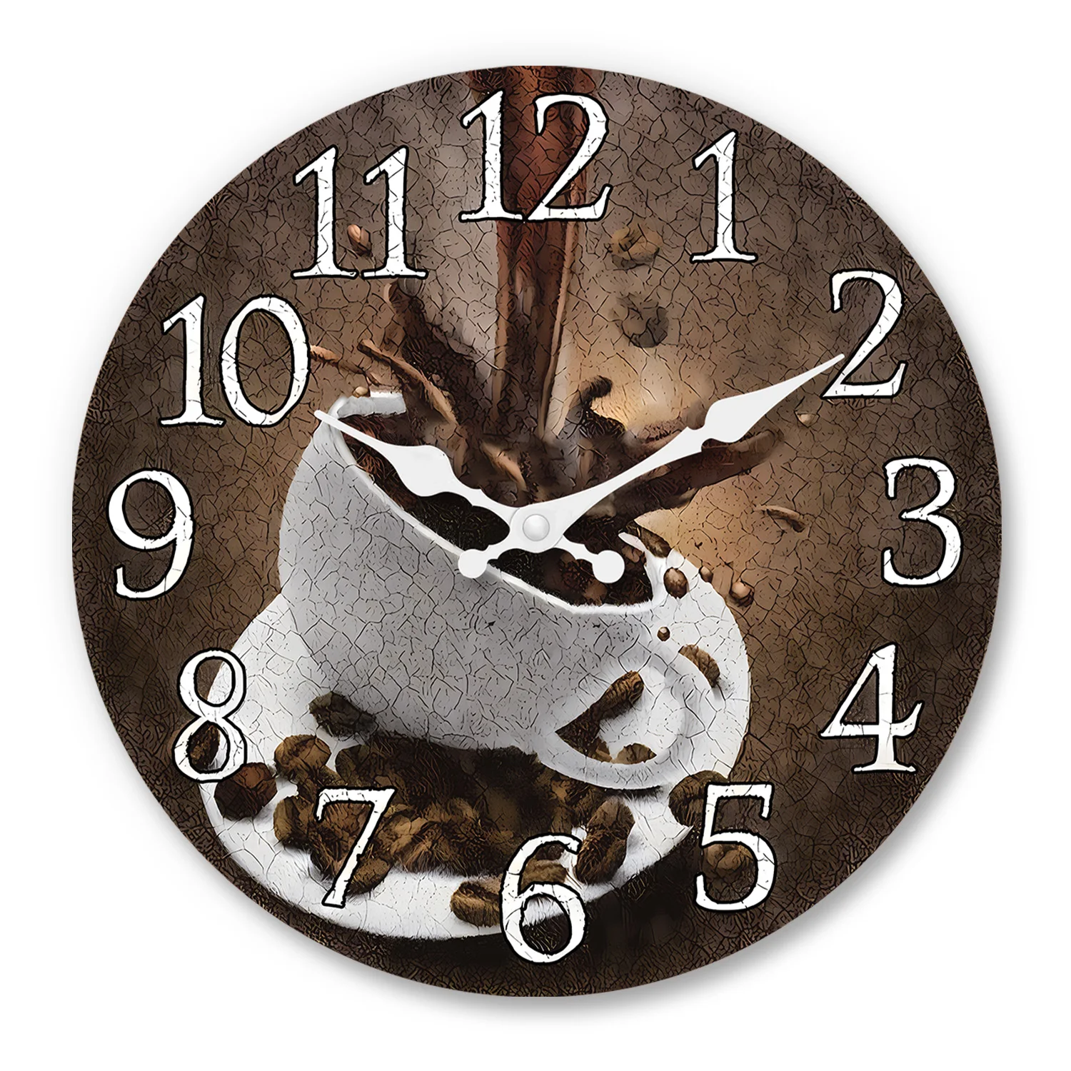 Relógio de parede de madeira (25 cm) com estampa retrô de lata de café americana, relógio de quartzo silencioso