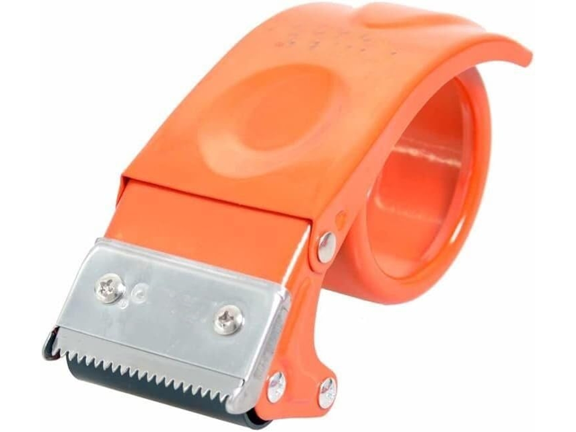 Seladora de embalagens metálicas de 48 mm com sistema anti-reversão, suporte e cortador de rolo adesivo.