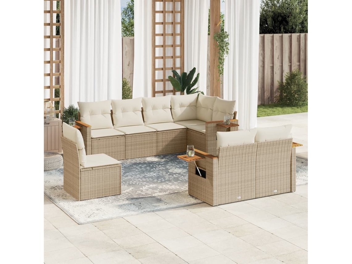 Conjunto de 8 Sofás para Jardim com Almofadas Vime Pe Bege Dkd Home Decor