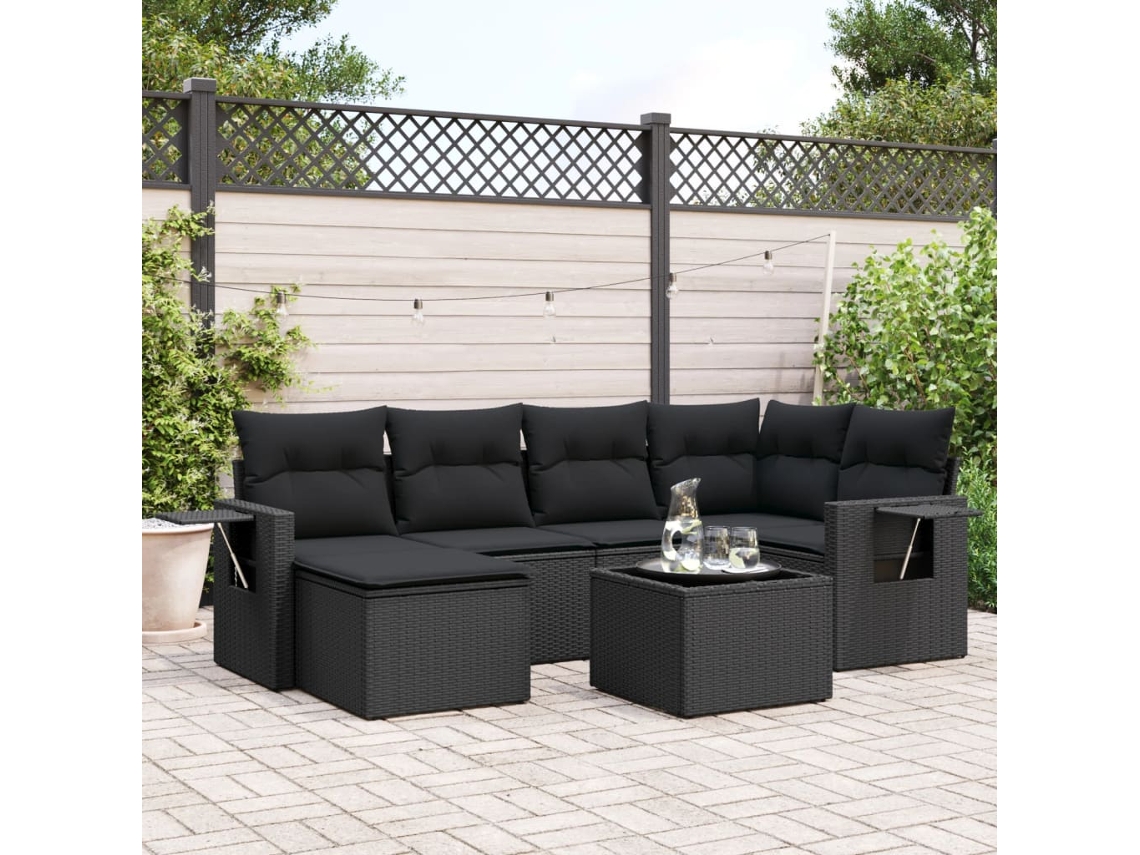 Jogo de Sofá 7 Peças P/ Jardim C/ Almofadões Vime Pe Preto Dkd Home Decor