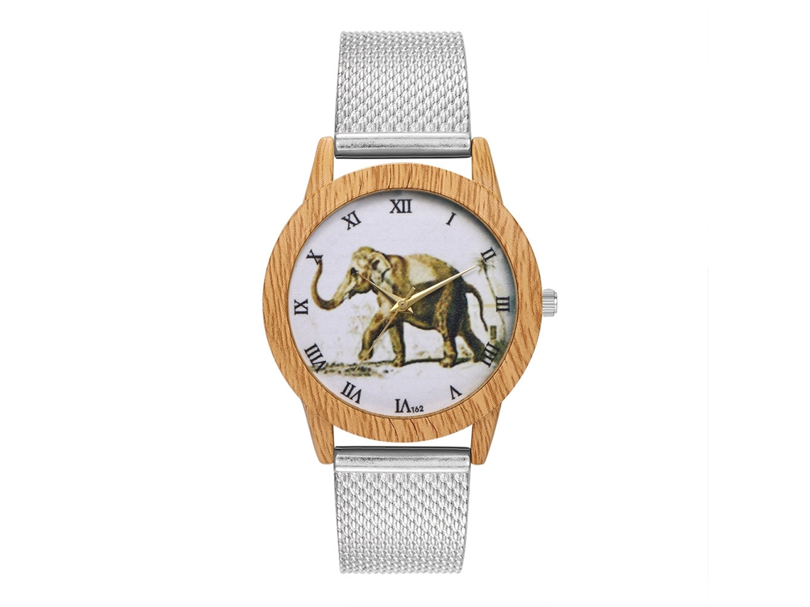 Relógio de quartzo unissex com pulseira de silicone, mostrador com estampa de elefante, estilo casual prateado.