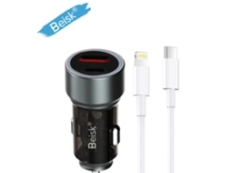 Dual Port Car Fast Charger Set With Lightning Type C Cables Multi Protocol Fast Charging, Compact Car Charger Beisk