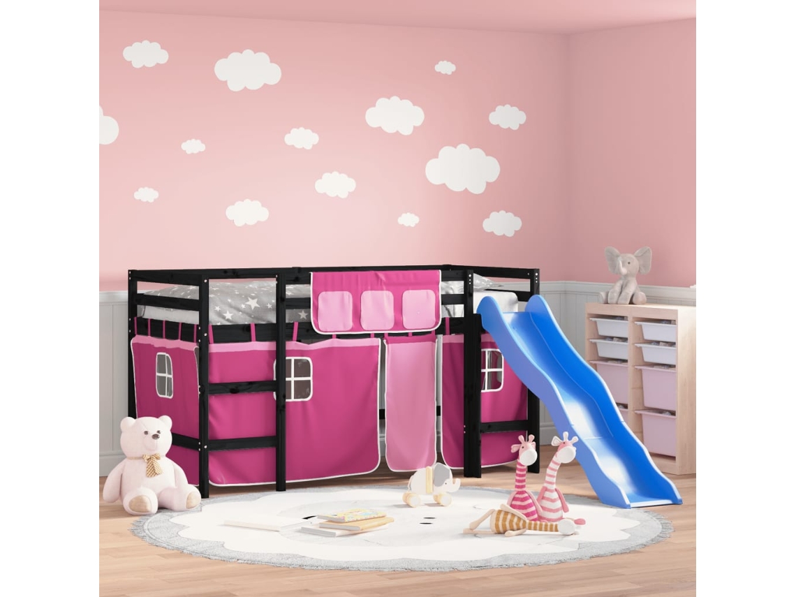Cama alta p/ criança c/ cortinas 90x190 cm pinho maciço rosa