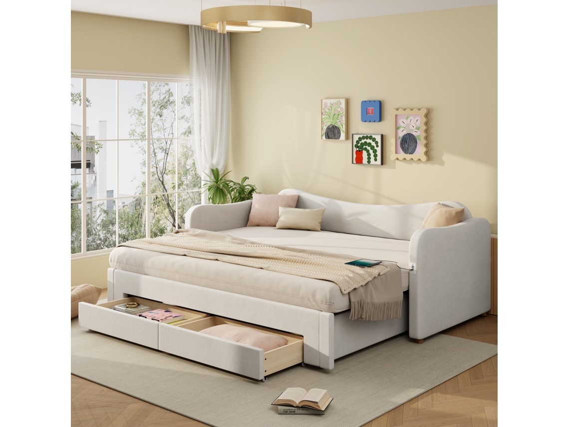 Sofá cama Veludo 90x200 Extensível 180 com Gavetas Usb Bege