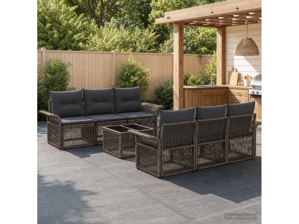 Vidaxl Conjunto De Sofá De Jardim 7 Unid. Cinzento Vime Pe