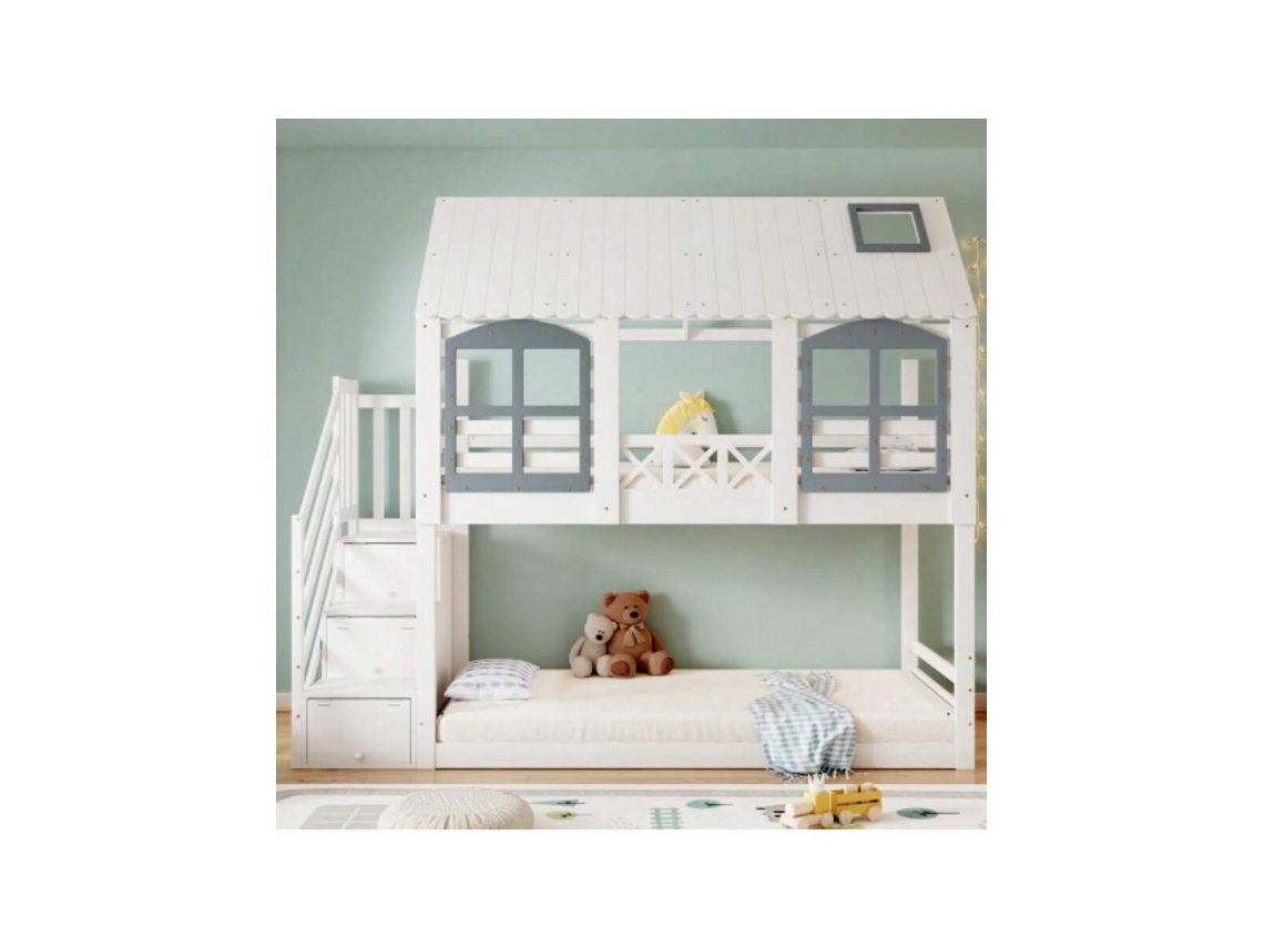 Beliche, Cama De Criança, Cama De Criança Com Teto E Janela, Com Portão De Segurança, Com 3 Armários Na Escada, Muito Espaço De Armazenamento, Pinho