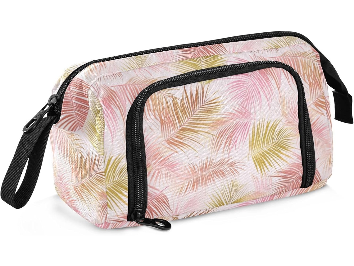 Estojo Grande com Estampa de Palmeira Tropical Rosa e Folha Dourada Portátil Ideal para Estudantes Escolas 2