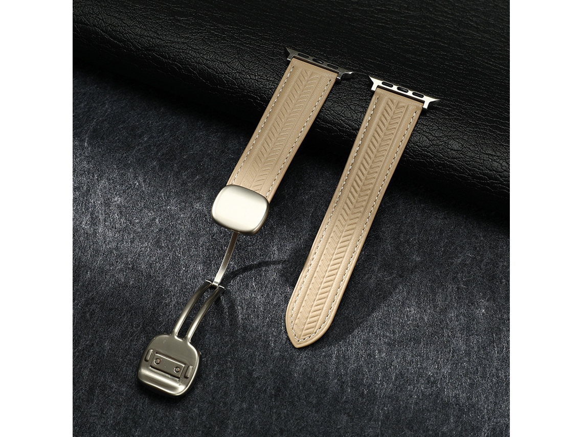 Pulseira De Couro Genuíno Com Padrão Grãos Trigo E Fecho Magnético, Compatível Com Apple Watch Series 11 10-ultra