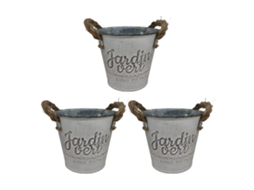 Conjunto De Vasos Relaxdays, 3 Vasos "jardim Verde", A X D: 12,5 X 14 Cm, Vaso Para Ervas Com Alça, Ferro E Juta.