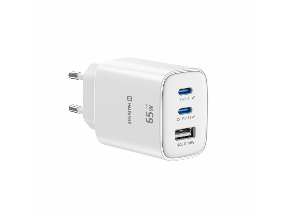 Carregador de Parede SWISSTEN Gan 65W 2Xusbc+Usb (Branco)