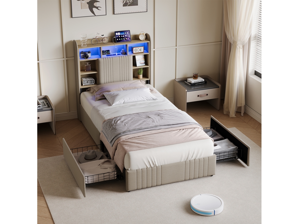 Cama De Solteiro Moderna Com Arrumação 90x200 Cm - Cabeceira Estofada Em Linho Bege Com Led Rgb, Usb/type-c E 2 Gavetas
