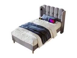 Cama de solteiro estofada cinza com Usb tipo c, estrutura juvenil 90x200cm, com colchão, para quarto de hóspedes PAPRIKA
