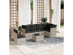 Vidaxl 7 Pcs Conj. Sofás Jardim Com Almofadões Vime Pe Cinzento-claro