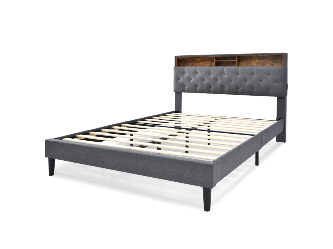 Cama de Casal Estofada 140x200cm com cabeceira iluminada em led, estrutura de madeira e colchão cinza, para conforto e estilo PAPRIKA