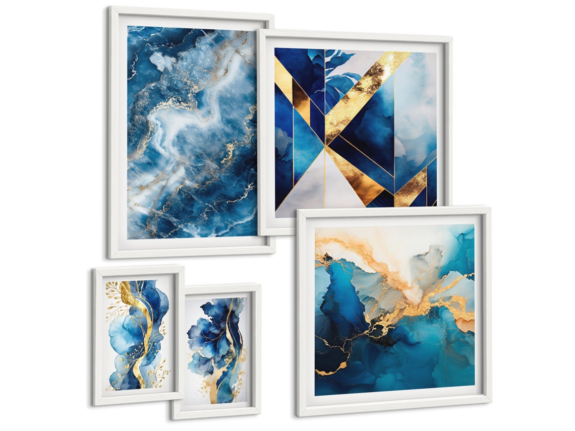 Conjunto De Pinturas Composições Abstratas Azuis Espelharte (5 Peças)