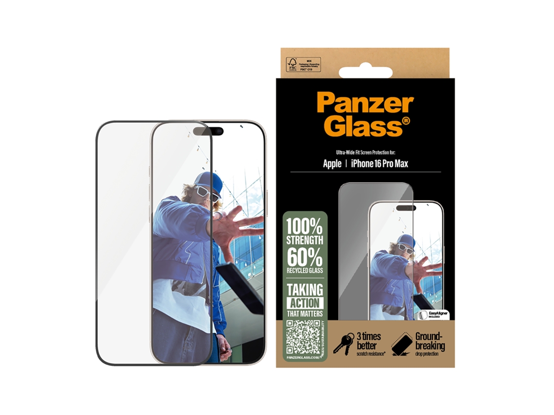 Película de Vidro para Ecrã PANZERGLASS iPhone 16 Pro Max - Ultra-Wide Fit
