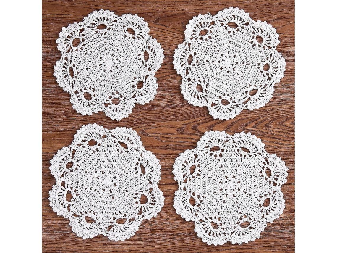 Jogo De 4 Peças De Crochê Artesanal Para Mesa, Sousplats E Porta-copos, 8 Polegadas, Branco, Ano 2024