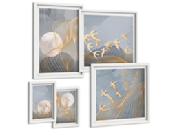 Conjunto De Pinturas Ondas Abstratas E Pássaros Espelharte (5 Peças)
