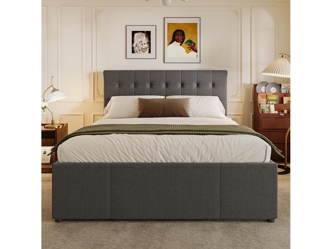 Cama Estofada 140x200cm - Casal, Familiar, Matrimonial Com Três Gavetas, Extensível, Cabeceira Ajustável - Cinza