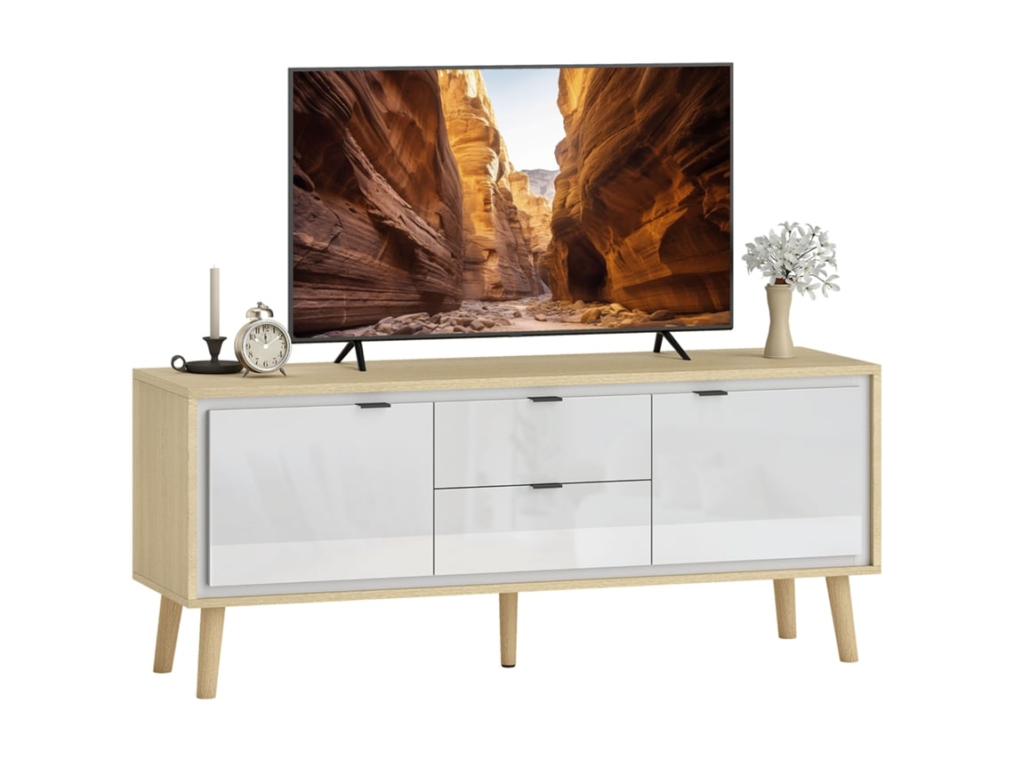 Móvel de TV Moderno LAMAISON com 2 Gavetas para TV 55 polegadas 120x35x50cm Branco Brilhante e Carvalho