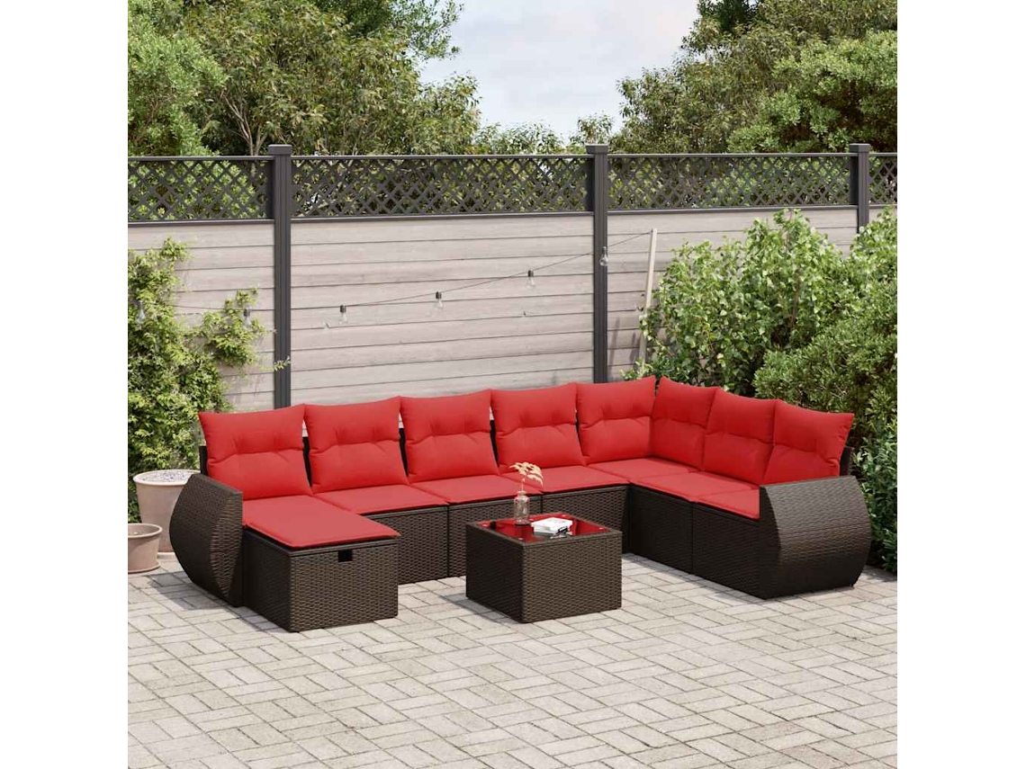 Vidaxl 9 Pcs Conjunto Sofás P/ Jardim C/ Almofadões Vime Pe Castanho