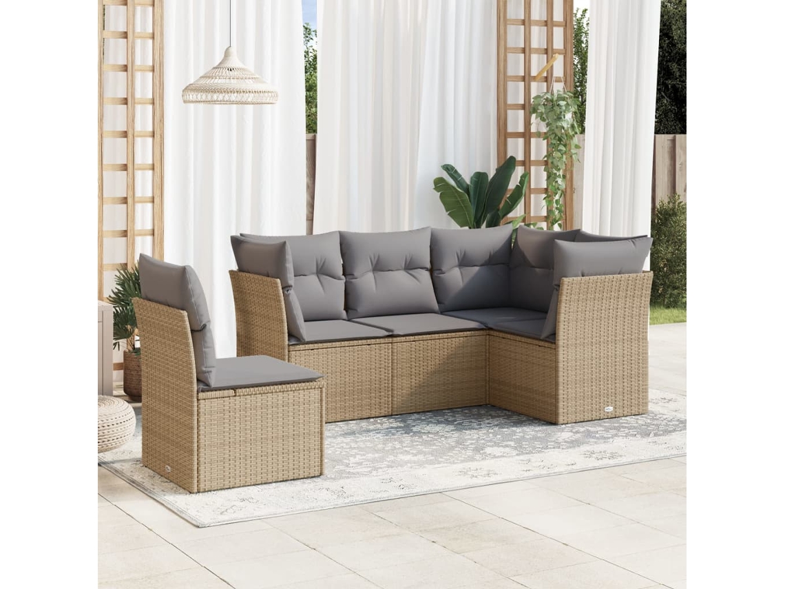 Vidaxl 5 Pcs Conjunto De Sofás P/ Jardim Com Almofadões Vime Pe Bege