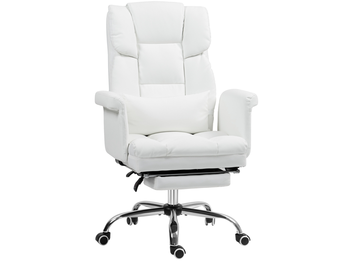 Cadeira De Escritório Ergonômica Reclinável Em Couro Sintético, Apoio Para Pés, Altura Ajustável, Giratória, Com Almofada Lombar, Branca