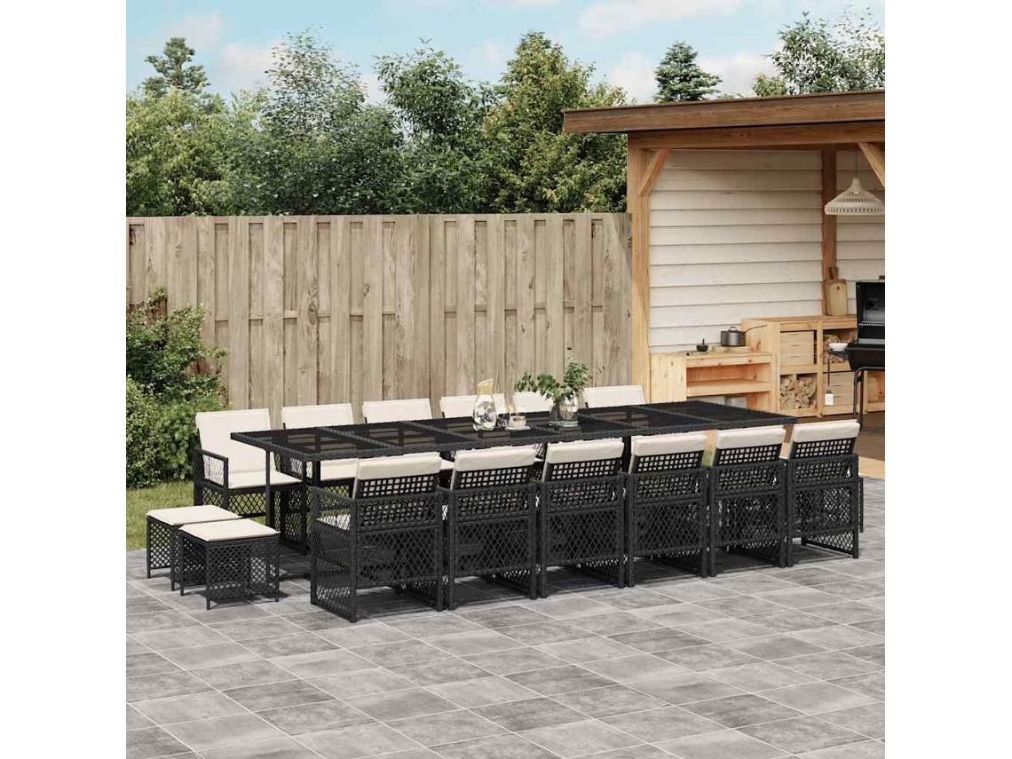 Vidaxl 17 Pcs Conjunto De Jantar P/ Jardim C/ Almofadões Vime Pe Preto