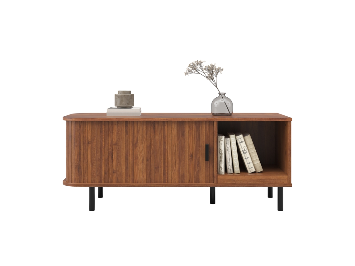 Mesa De Centro Retangular Com Porta De Correr Ripada E Compartimento Aberto Nogueira 110x40x55 Cm