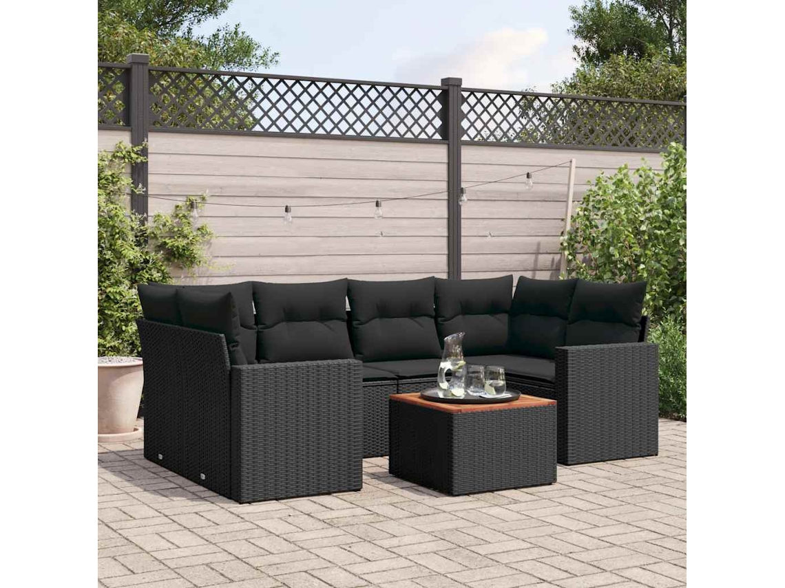 Vidaxl 7 Pcs Conjunto De Sofás P/ Jardim C/ Almofadões Vime Pe Preto
