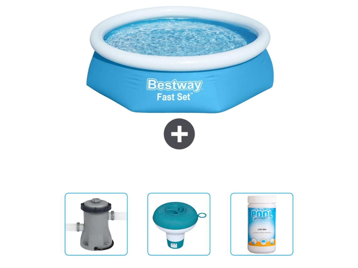 Piscina Inflável Redonda BESTWAY Fast Set 244 X 61 Cm Azul Incluída Bombear Flutuador de Cloro Cloro