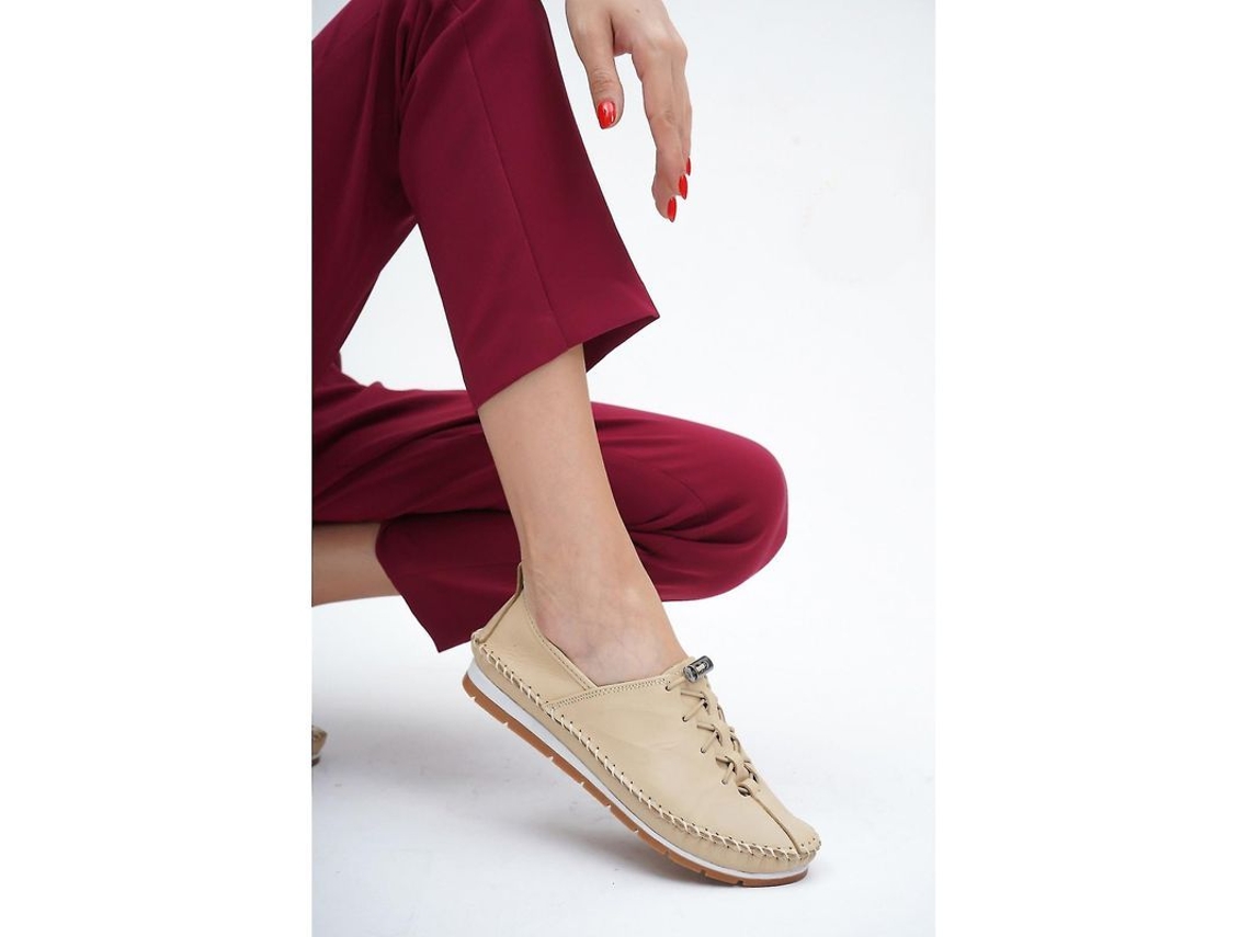 Sapatos Flats de Couro Genuíno Marrom Feminino Moda Casual com Palmilha Anatômica e Solado Térmico 2cm Mode Beige
