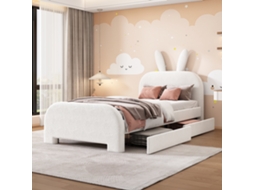 Cama Plana 90200cm, Estofada, Resistente À Lã De Ovelha, Forma De Coelho De Desenho Animado, Duas Gavetas, Branco.