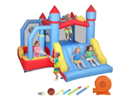 Castelo Insuflável C/ Soprador, Escorrega, Trampolim, Piscina, Coluna Boxe, Cesto, 277x270x215cm.