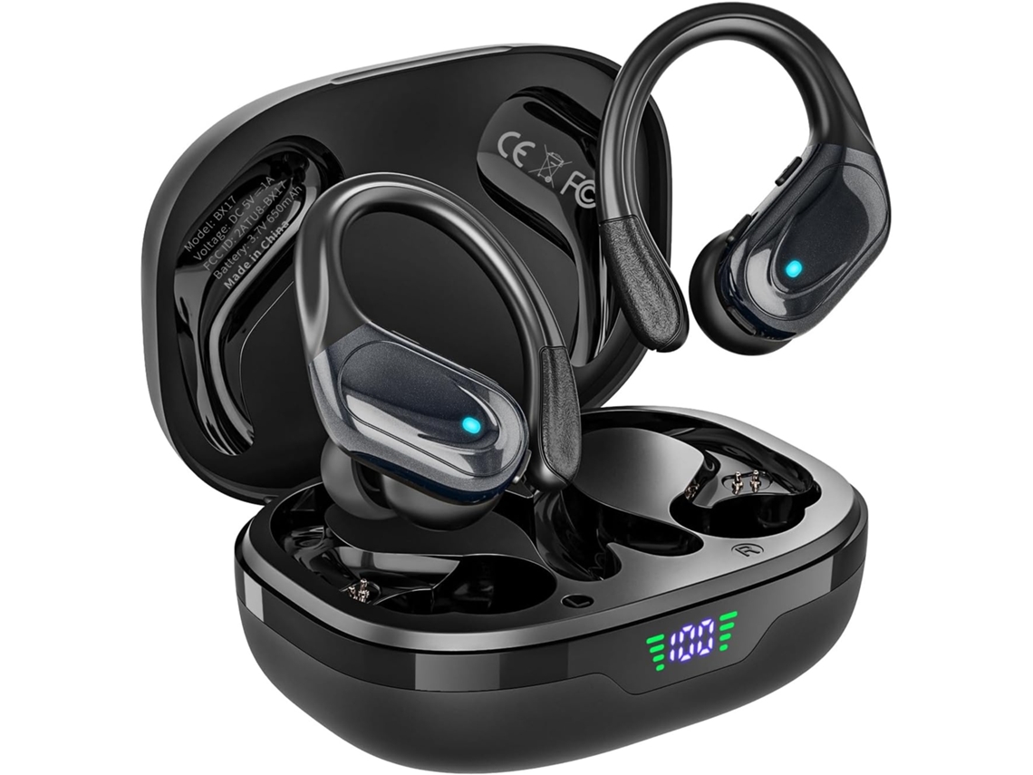 Auscultadores Bluetooth 80h Reprodução, Led, Microfone com Cancelamento de Ruído e Ganchos Esportivos JIAPEI (preto)