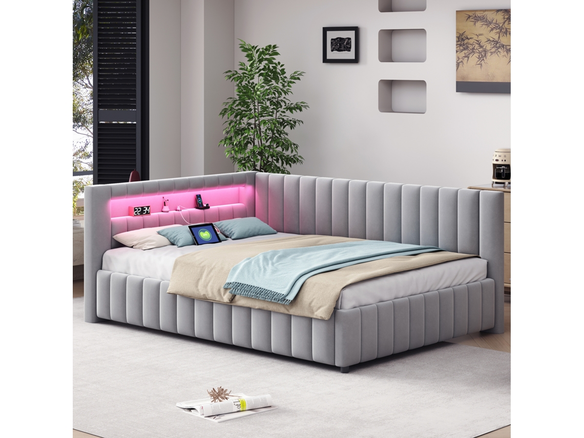 Sofá Cama 140x200 Samt Cinza Com Leds Usb Estabilidade Conforto