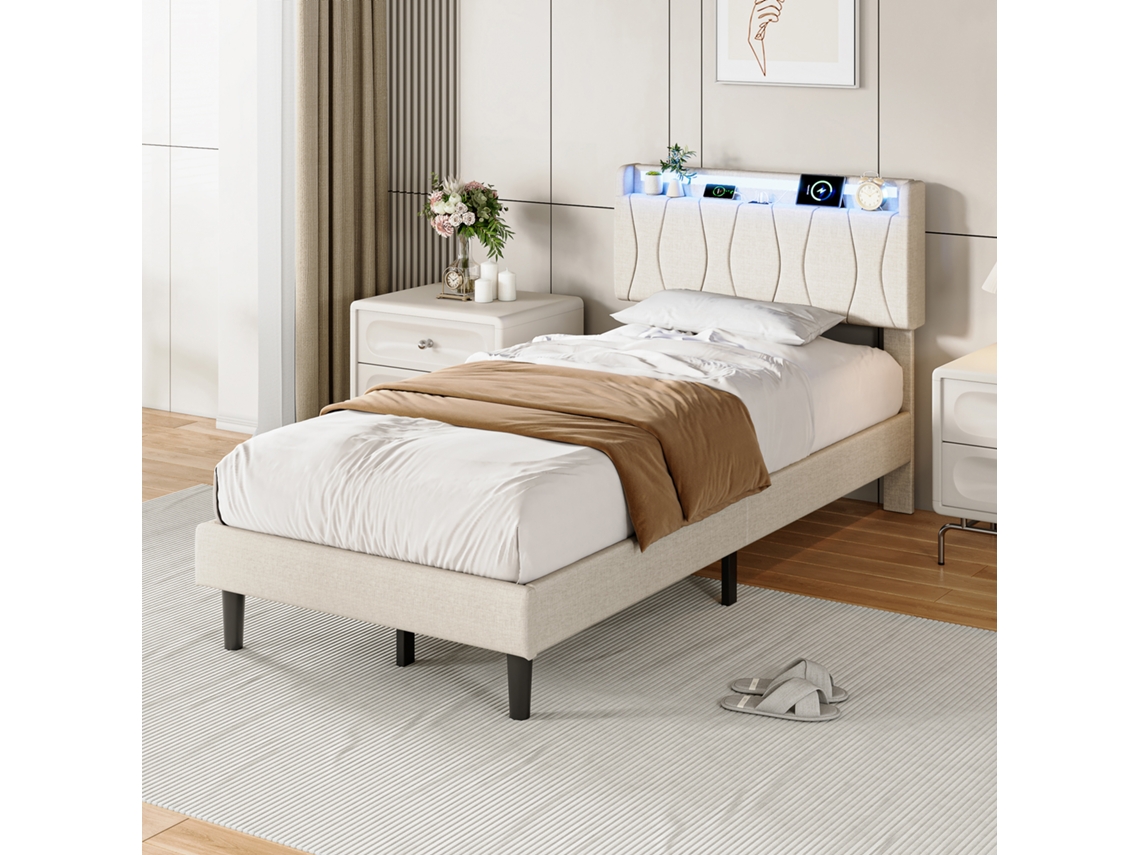 Cama De Solteiro 90x200 Veyrixan Bege Estofada Em Linho Com Led Rgb, Usb/type-c E Cabeceira Almofadada, Estrutura Moderna Reforçada 200kg