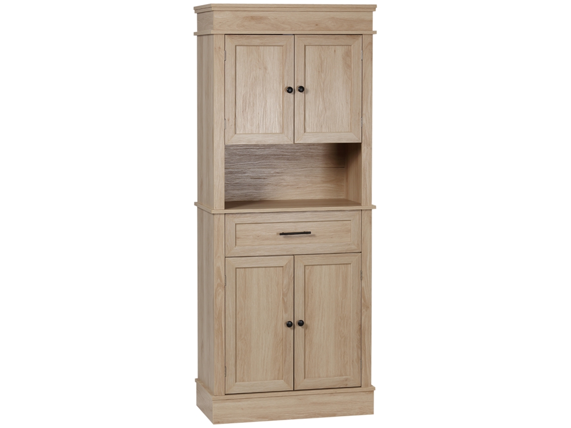 Armário De Cozinha E Aparador De Sala De Jantar Com 1 Gaveta, 4 Portas E Prateleira Aberta, Dimensões 74x39,5x183 Cm, Cor Carvalho, Natural E Elegante