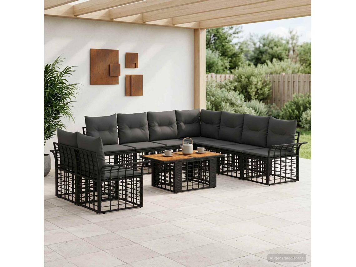 Vidaxl Conjunto De Sofá De Jardim 10 Unid. Preto E Cinza Escuro