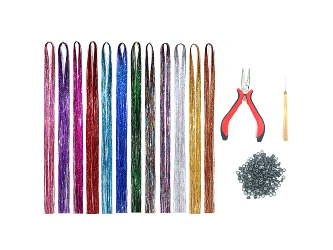 Kit De Fios De Tinsel Para Cabelo 12 Cores 200pcs Com Ferramentas De Extensão