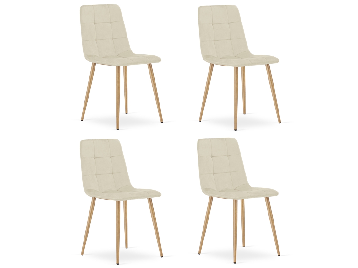 Cadeira De Jantar Conjunto De 4 Peças Pyra Assento Bege Claro, Pés Na Cor Madeira, Assento De Veludo, Assento Ergonômico