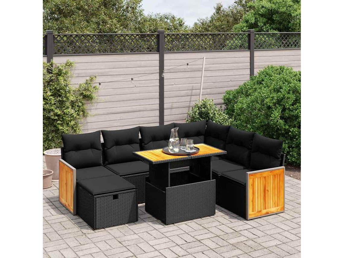 Vidaxl 8 Pcs Conjunto Sofás De Jardim Com Almofadões Vime Pe Preto
