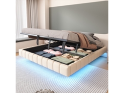 Cama Polster 180x200 Cm Com Hidráulico, Armazenamento E Led Bege Linho
