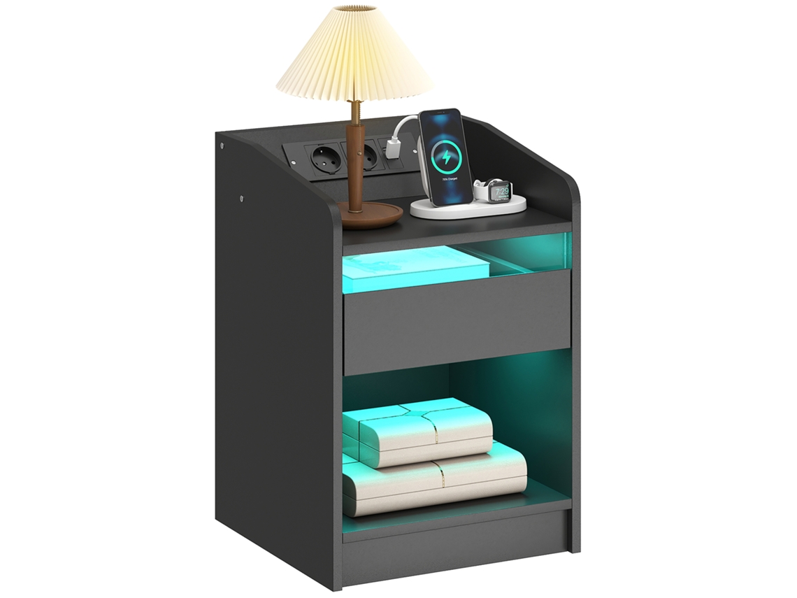 Mesa de Cabeceira com Luzes LED, Gaveta, Entrada USB e Controle Remoto (40x40x58cm, branco)