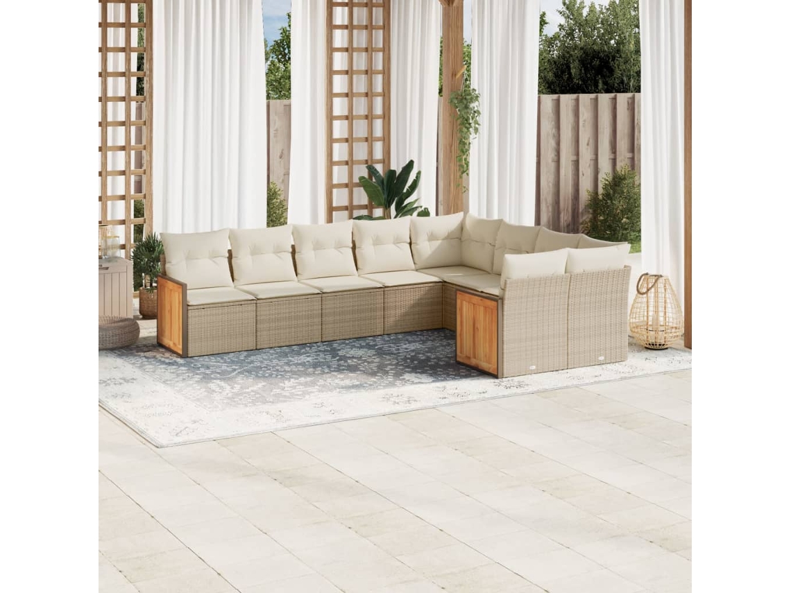 Vidaxl 9 Pcs Conjunto De Sofás P/ Jardim Com Almofadões Vime Pe Bege
