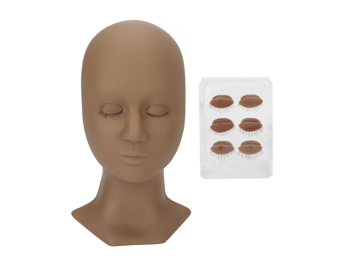 Cabeça De Boneco Para Treinamento De Cílios Extensos Com Pálpebras Removíveis Em Silicone Macio Café 28x15.5x10cm